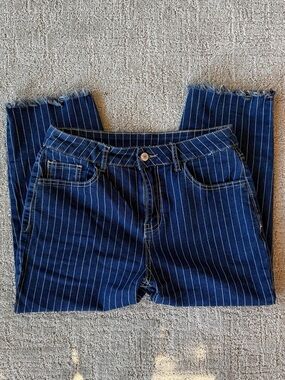 Women’s Pinstripe Skinny Jeans Size 8 Raw Hem Blue Stretch Denim